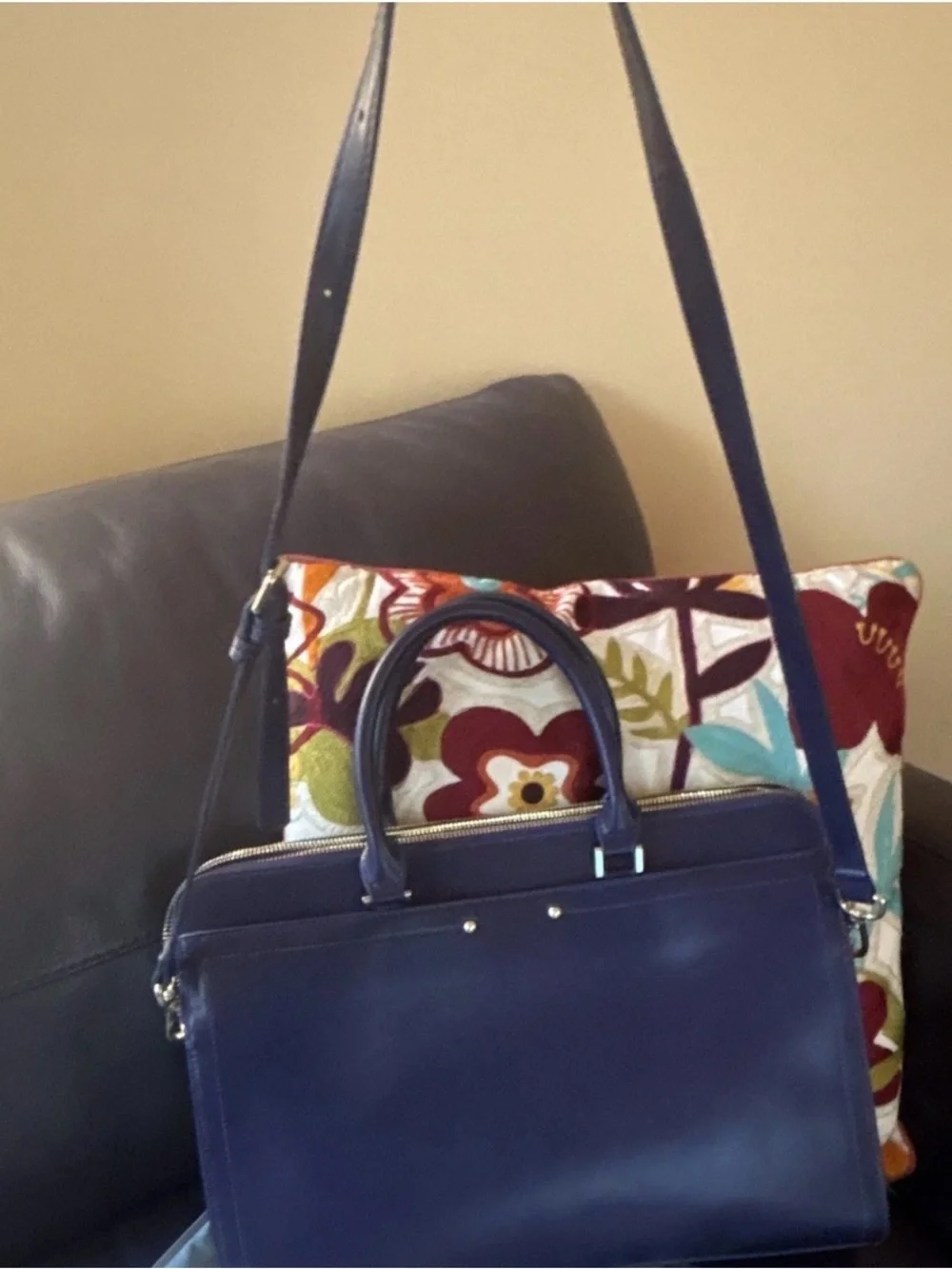 Classic Navy Leather Crossbody Satchel - Women by Katie Q New York with dust bag